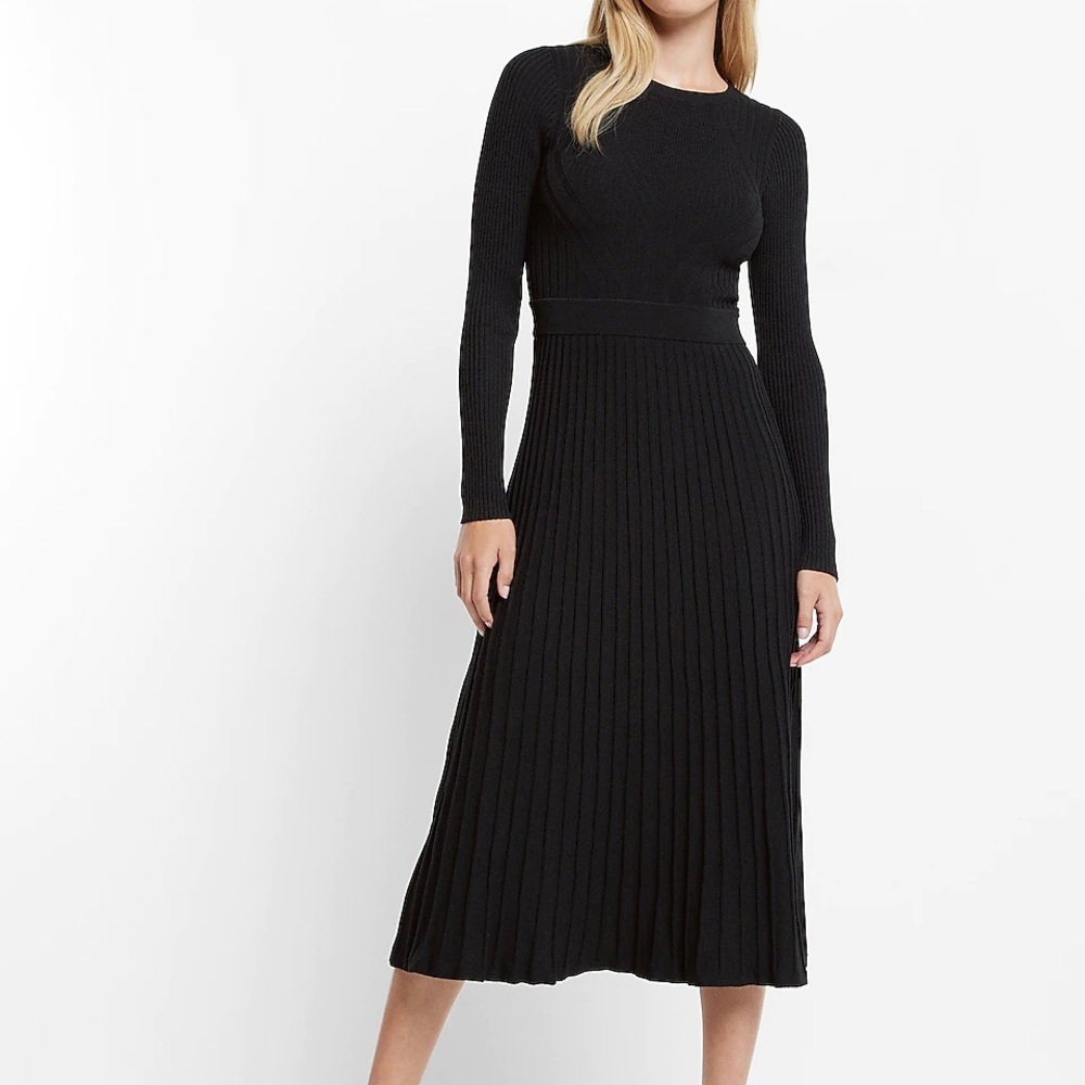 Black Long Sleeve Pleated Ribbed Midi Sweater Dress in sz XS
